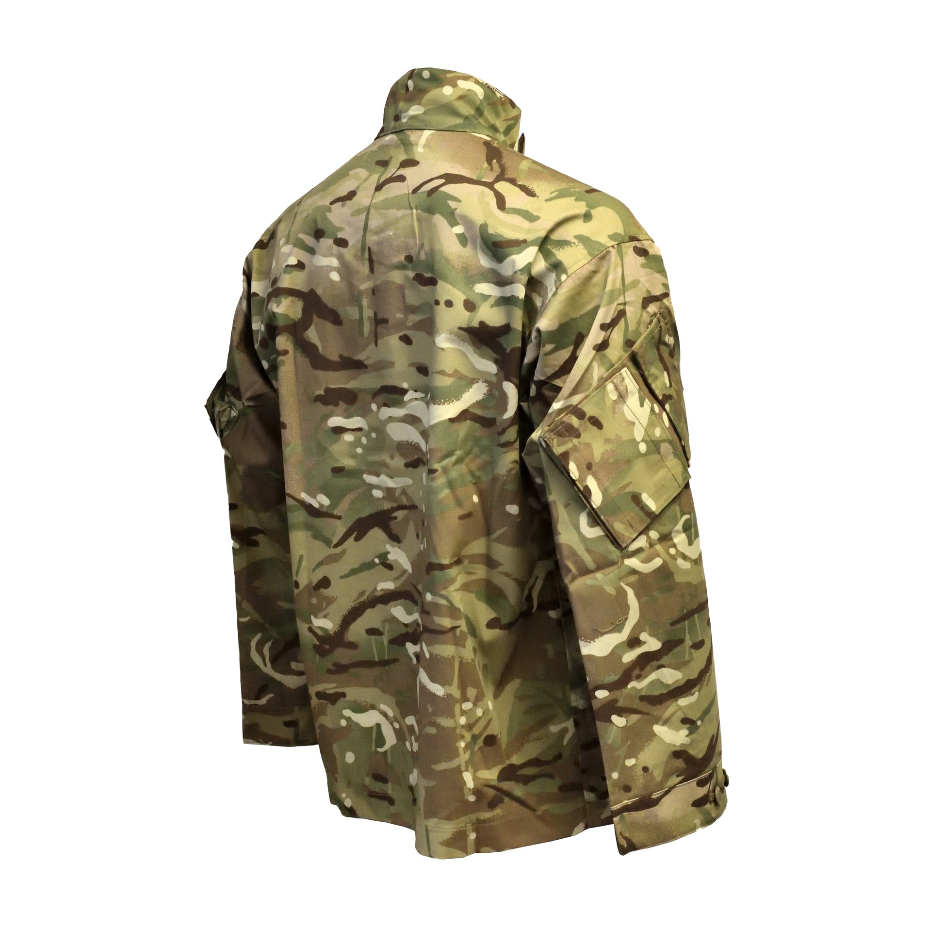 Angled rear right view of British Army MTP Combat Jacket "2" showing shoulder fit.