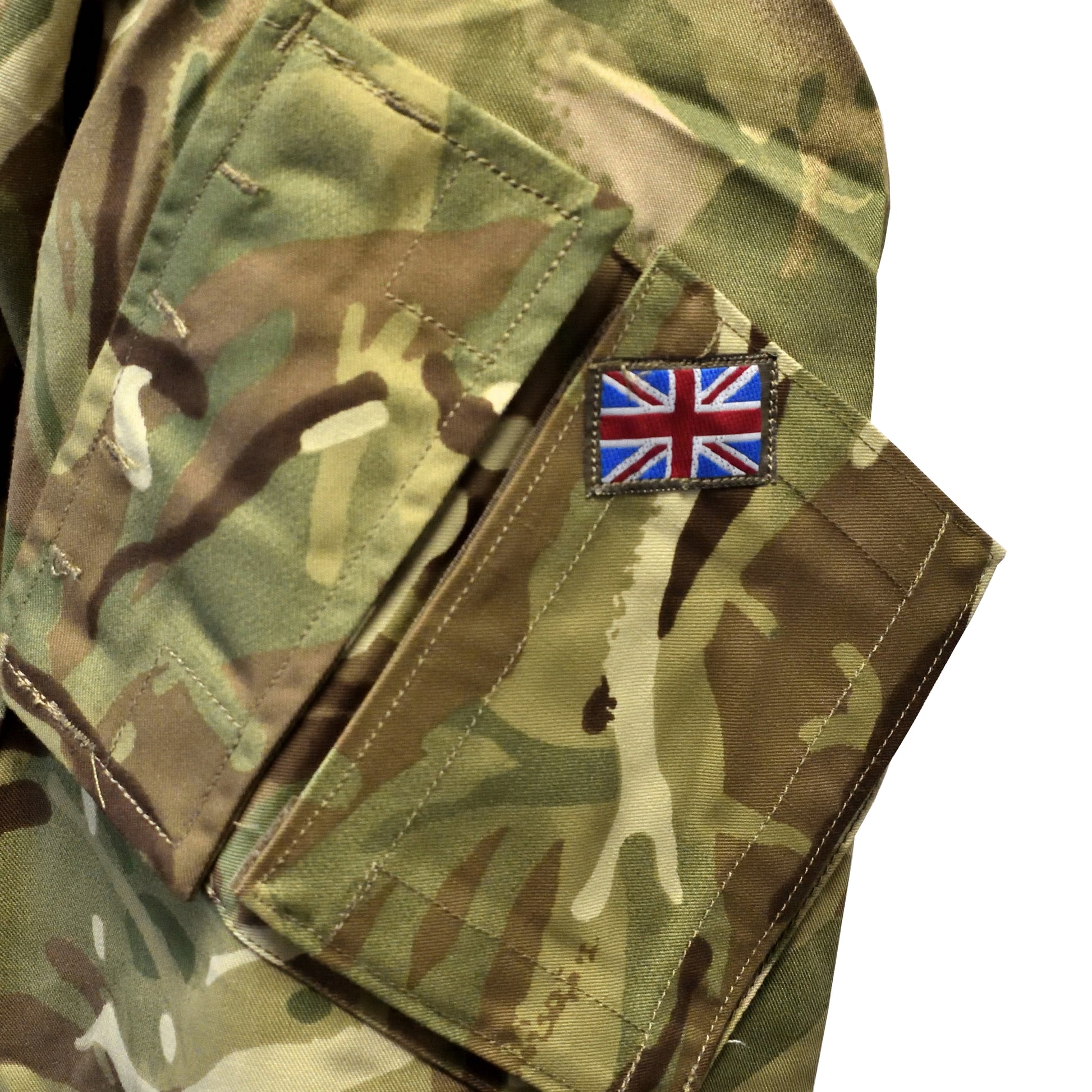 Close-up of small Union Jack flag stitched onto British Army Temperate Weather Combat Jacket "2" MTP.