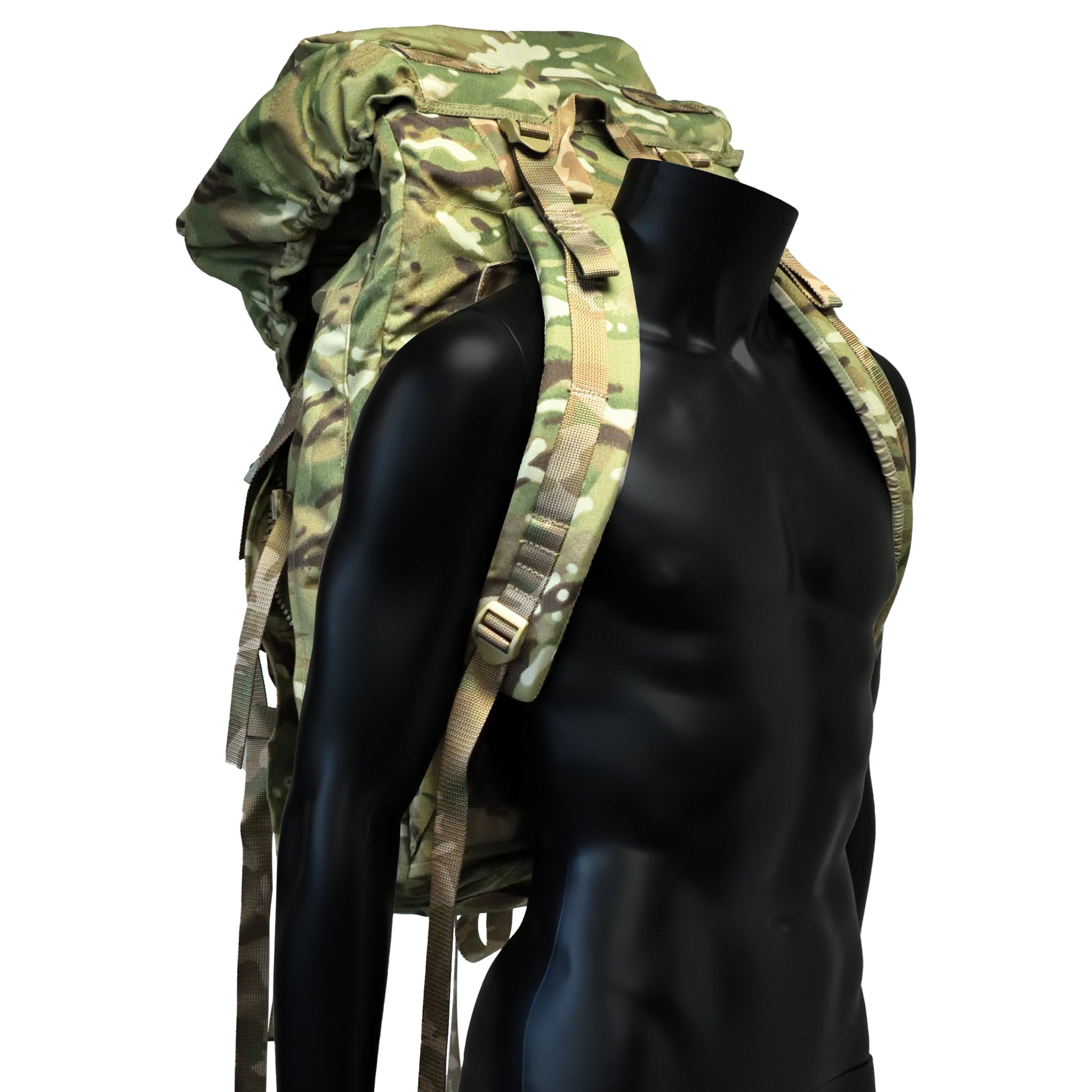 Angled front left view of British Army Rucksack and Frame MTP IRR.