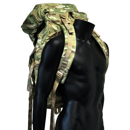 Angled front left view of British Army Rucksack and Frame MTP IRR.
