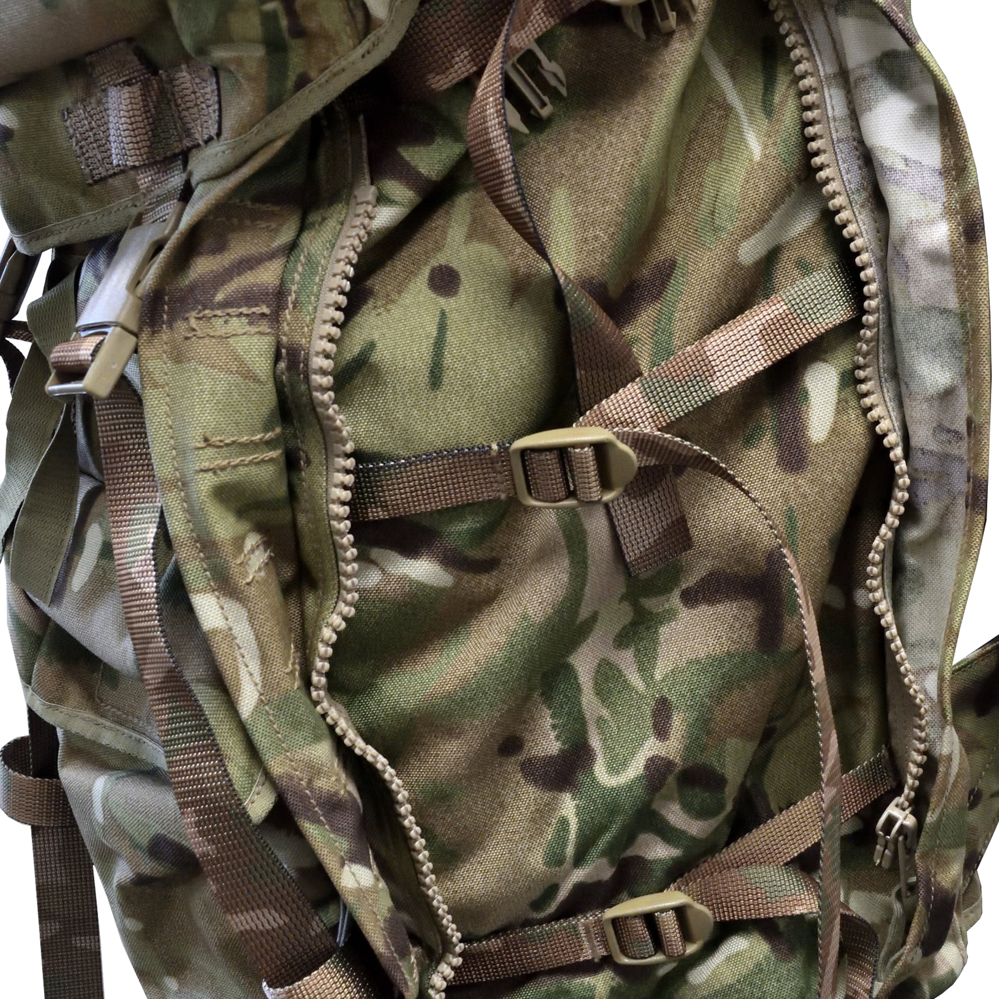 Close-up shot of British Army Rucksack and Frame (INF) Long Convoluted in MTP camouflage.