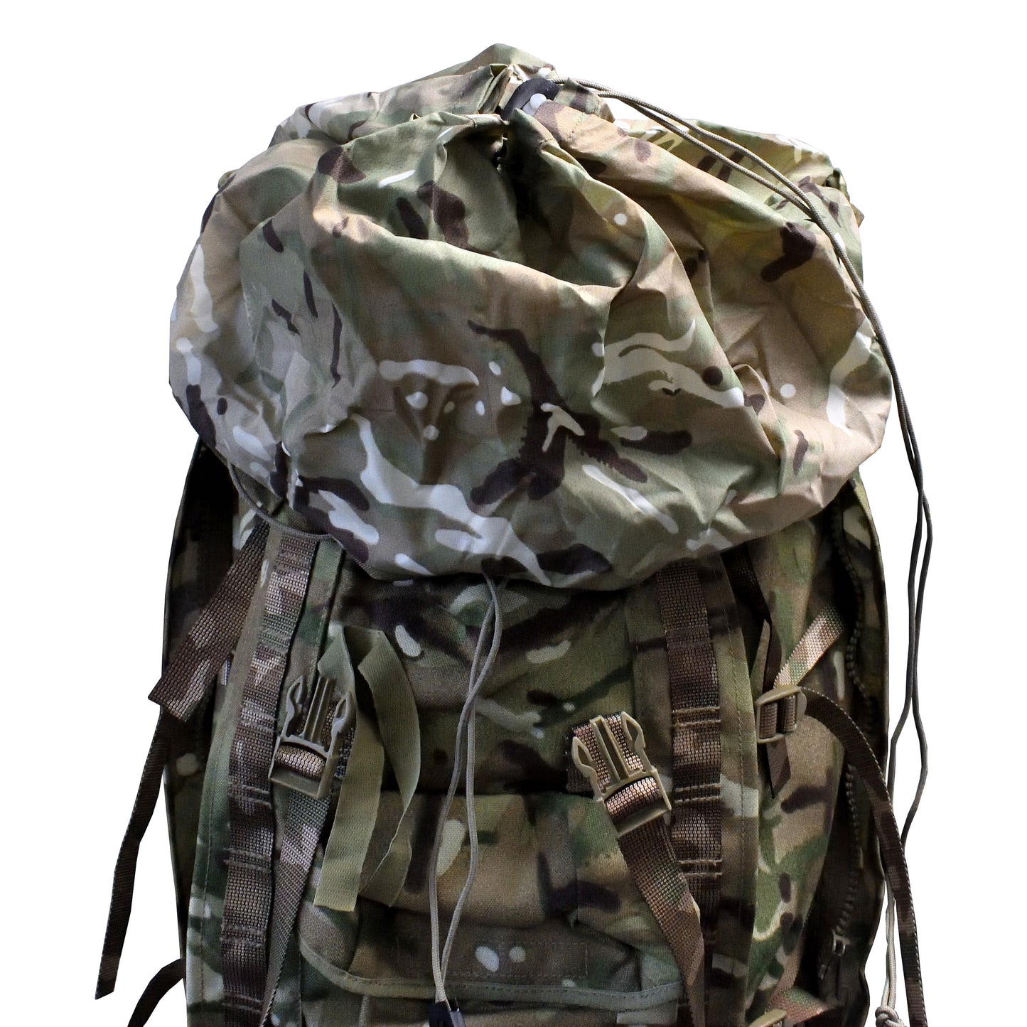 Close-up shot of top closure on British Army Rucksack and Frame (INF) Long Convoluted in MTP camouflage.