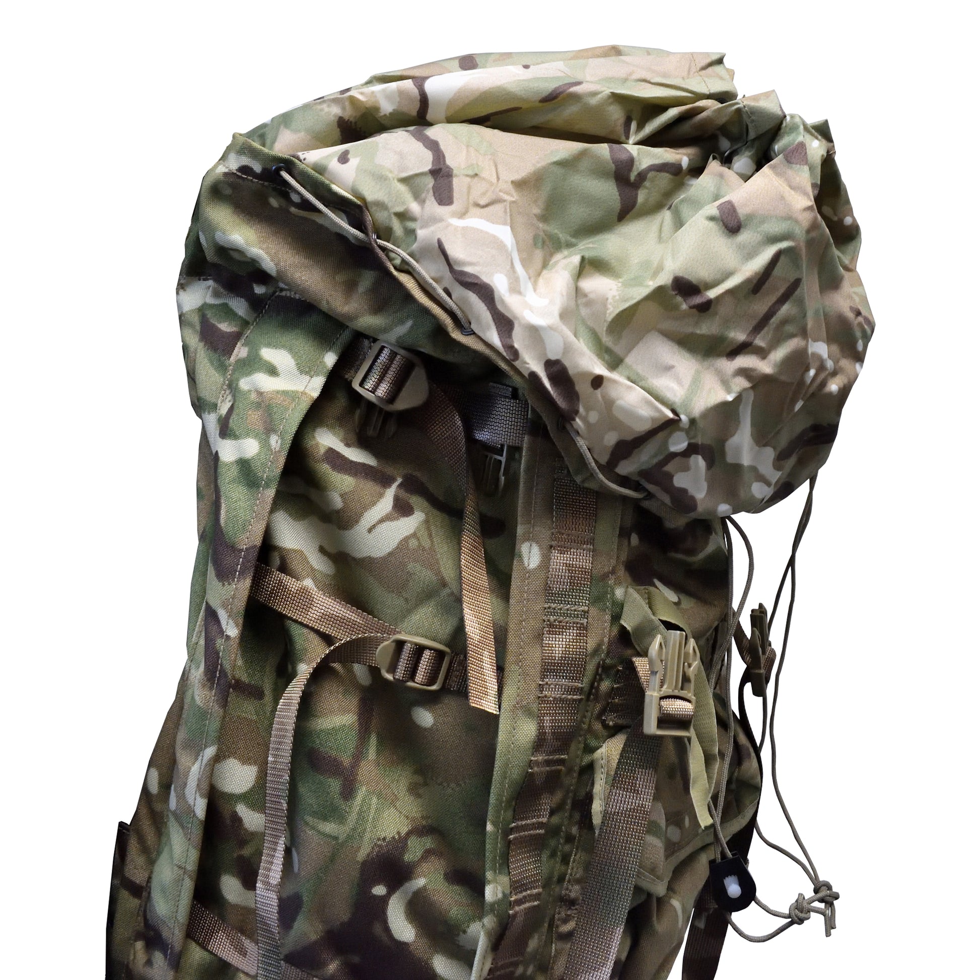 Close-up shot of top closure being open on British Army Rucksack and Frame MTP IRR.